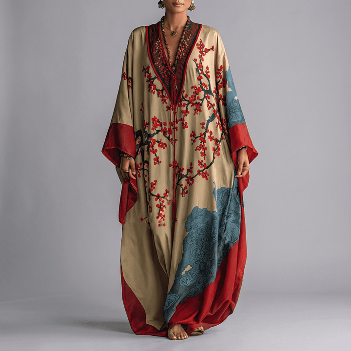 Beige kaftan maxi dress with red cherry blossom print and batwing sleeves