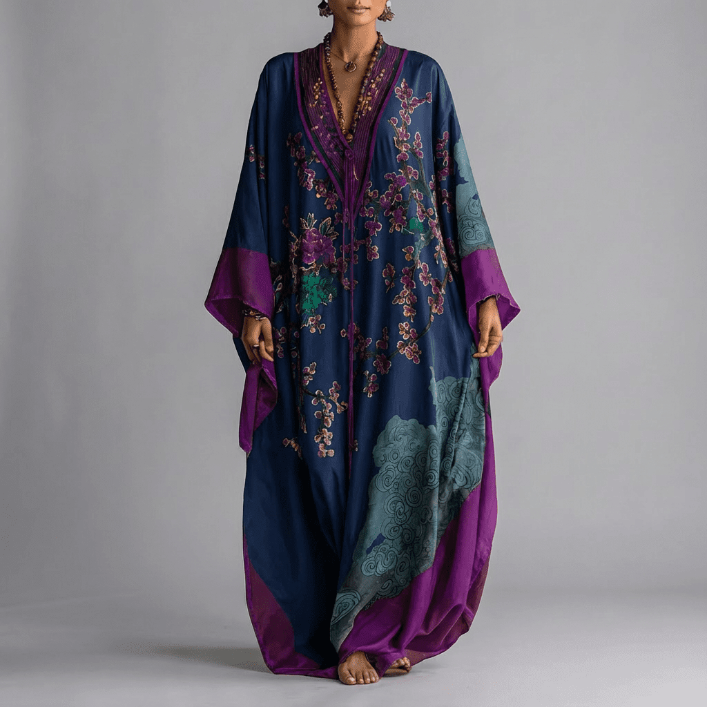 Navy kaftan maxi dress with purple blossom print and flowing batwing sleeves