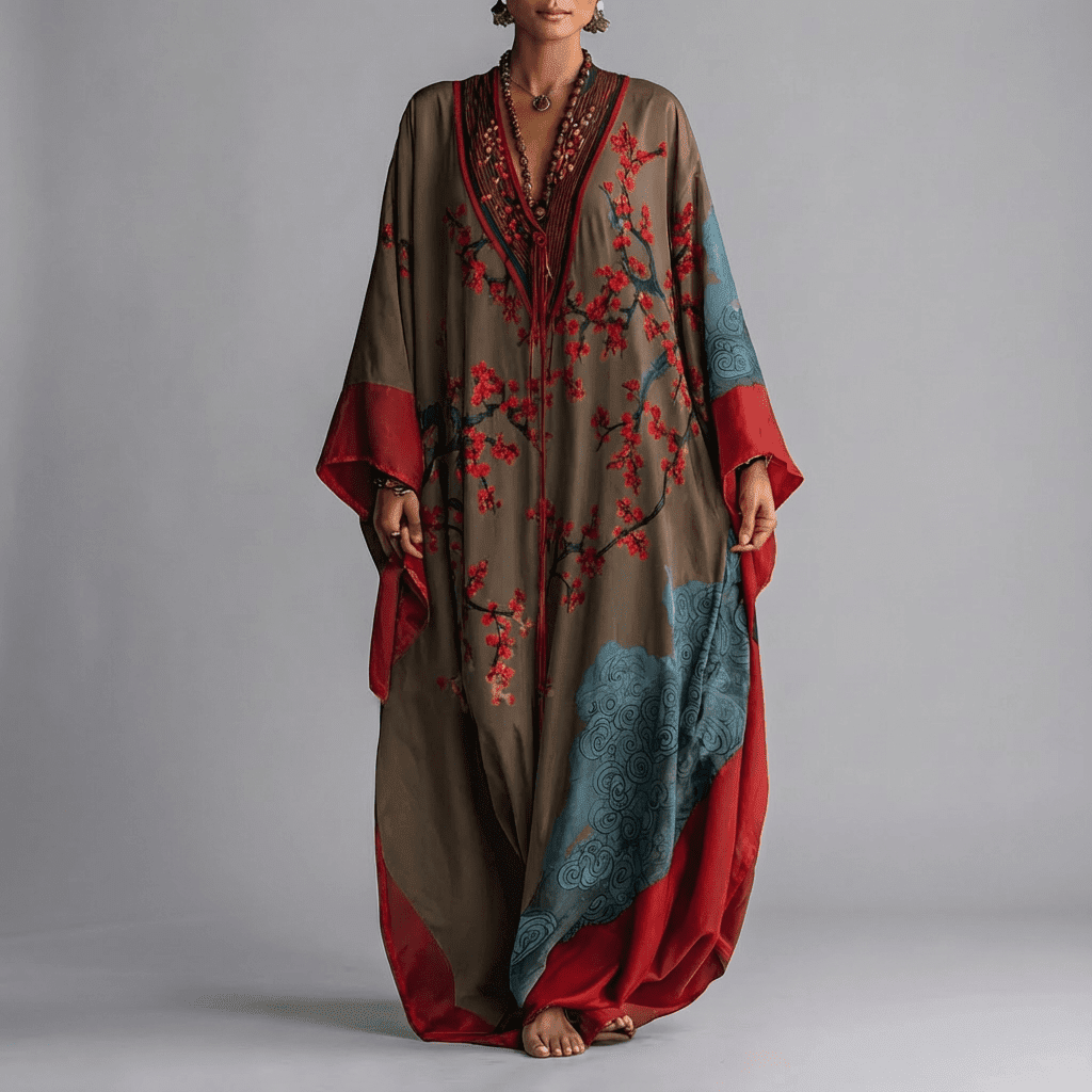 Taupe kaftan maxi dress with red blossom print and contrasting batwing sleeves