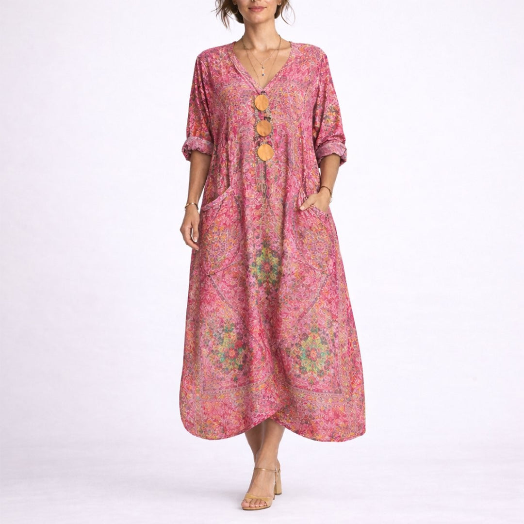 Pink paisley print maxi kaftan dress with V-neck and button detail