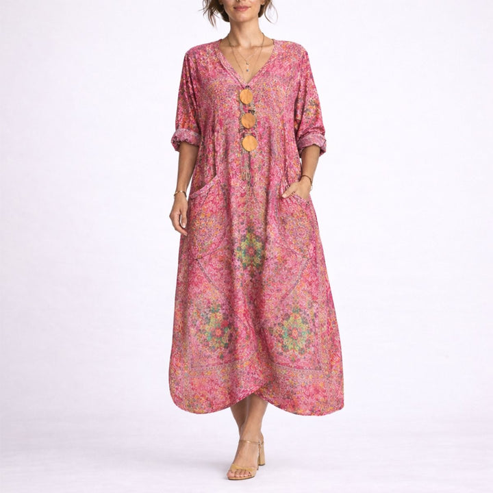 Pink paisley print maxi kaftan dress with V-neck and button detail