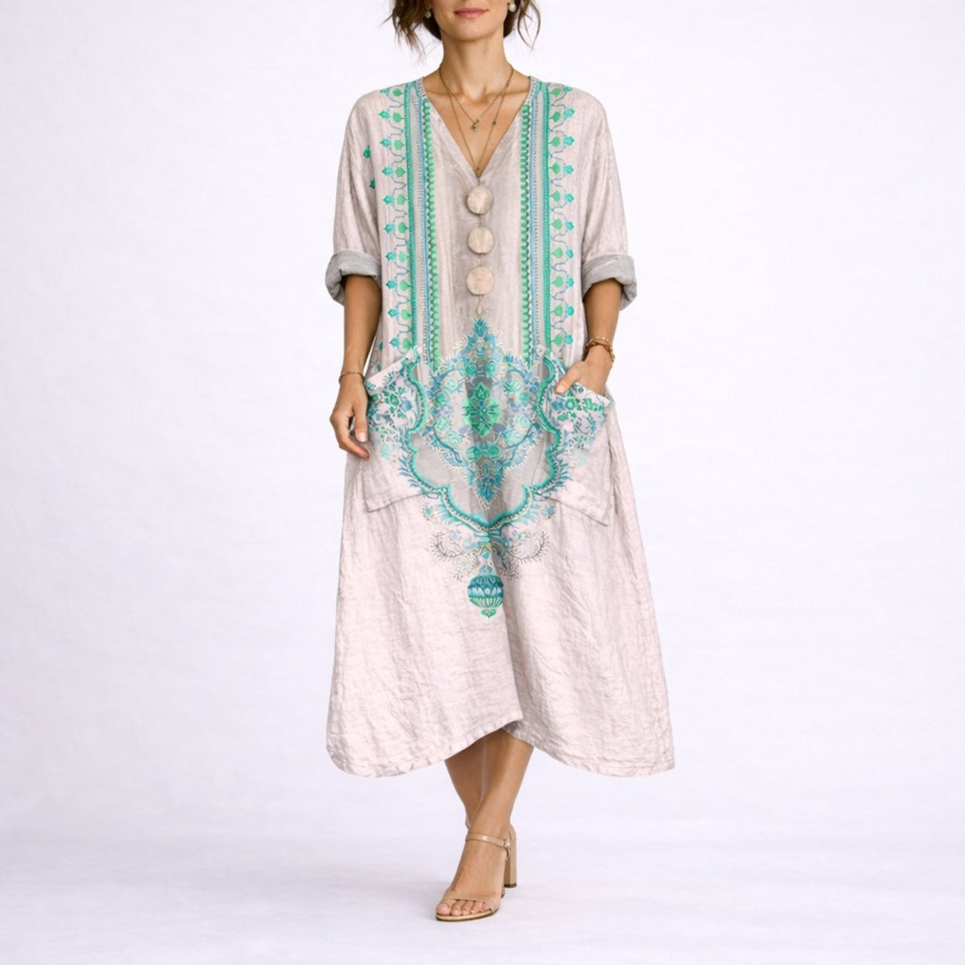 Beige linen maxi dress with turquoise embroidered bohemian panel