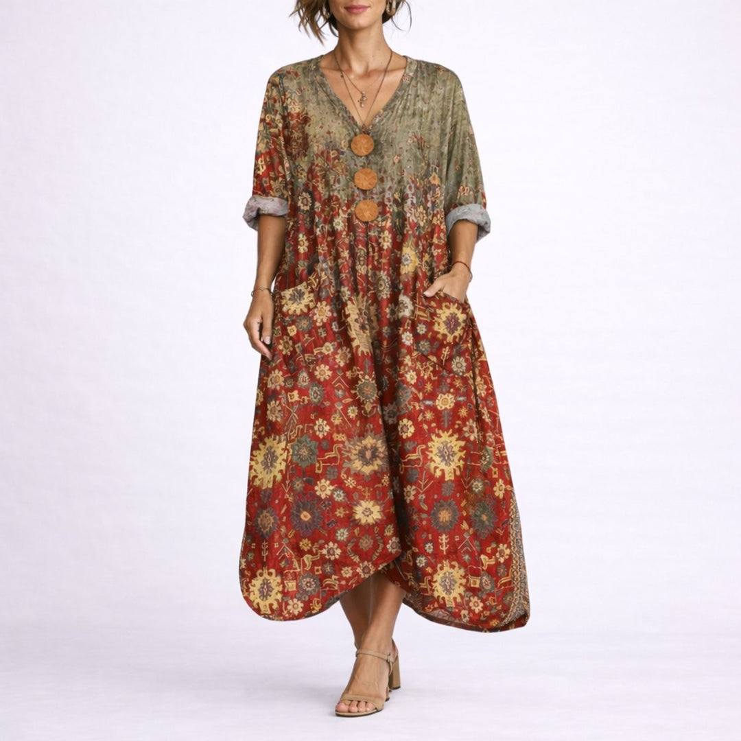 Red and khaki floral print maxi kaftan with oversized pockets