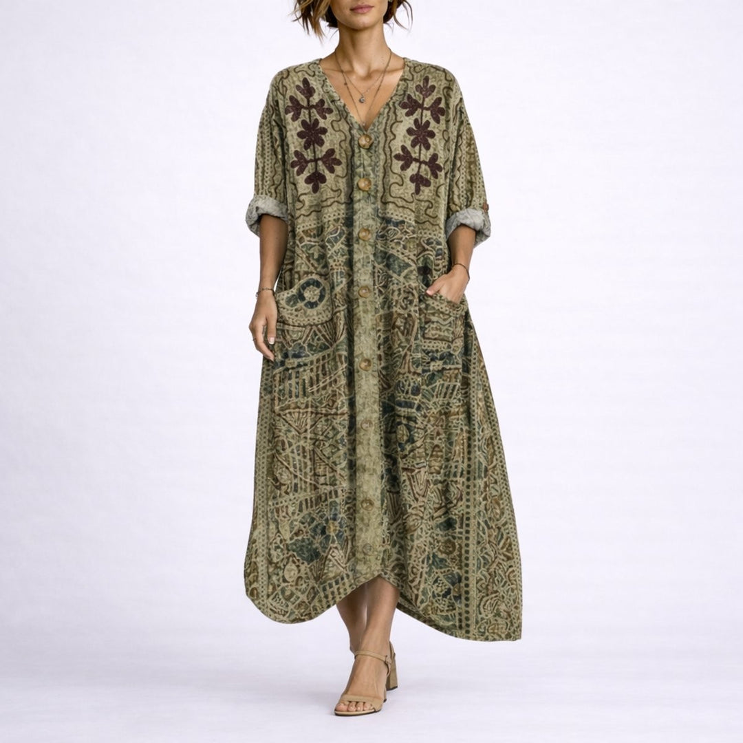 Olive green batik print button-front maxi dress with patch pockets