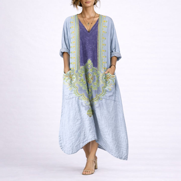 Pale blue bohemian print maxi dress with purple floral V-neck panel