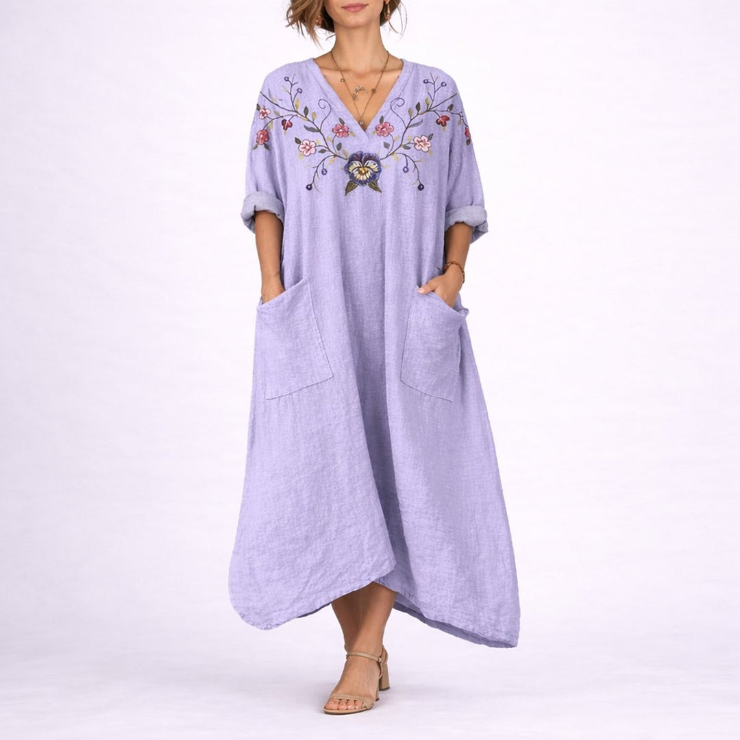 Lilac linen maxi dress with embroidered floral neckline detail