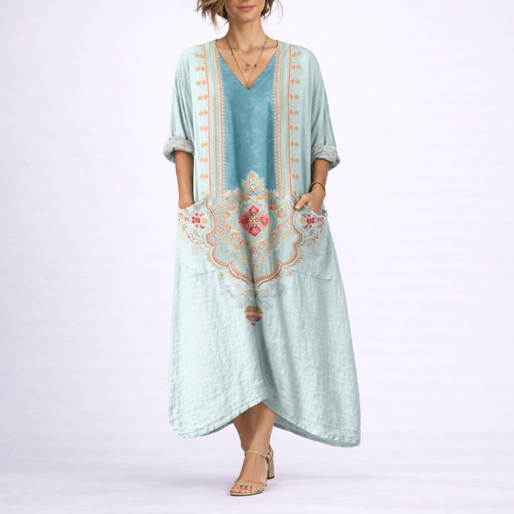 Duck egg blue maxi kaftan with ornate embroidered front panel