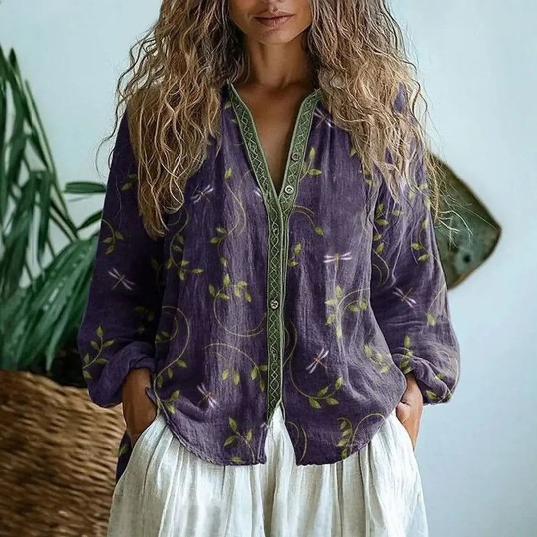 Purple dragonfly print linen blouse with green embroidered V-neck trim
