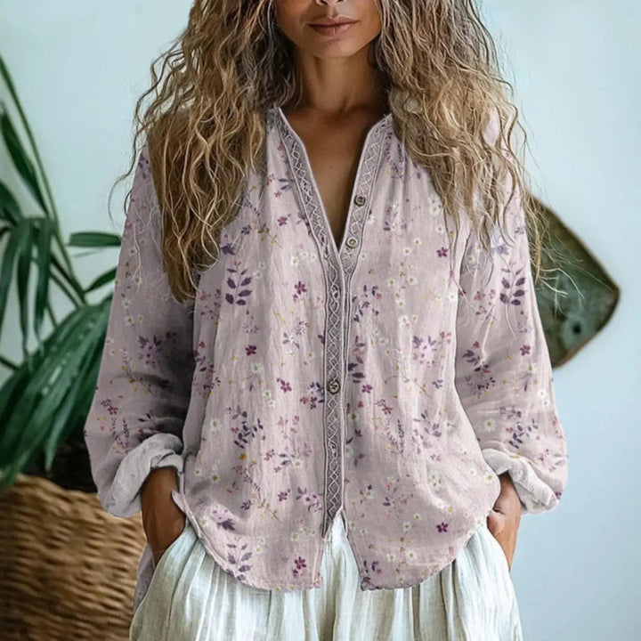 Pink floral linen button-up blouse with contrast crochet-trim neckline