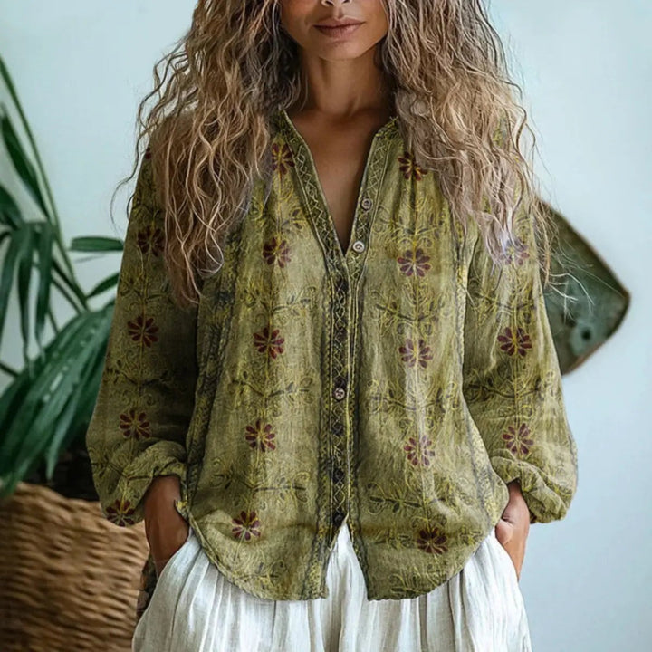 Olive green floral print linen blouse with embroidered button placket
