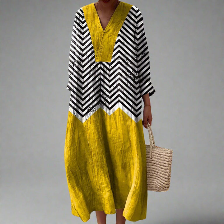 Mustard yellow maxi dress with chevron print and V-neck detailing