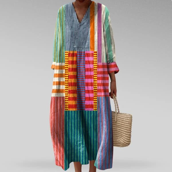 Multicolour striped patchwork maxi dress with long sleeves and V-neck