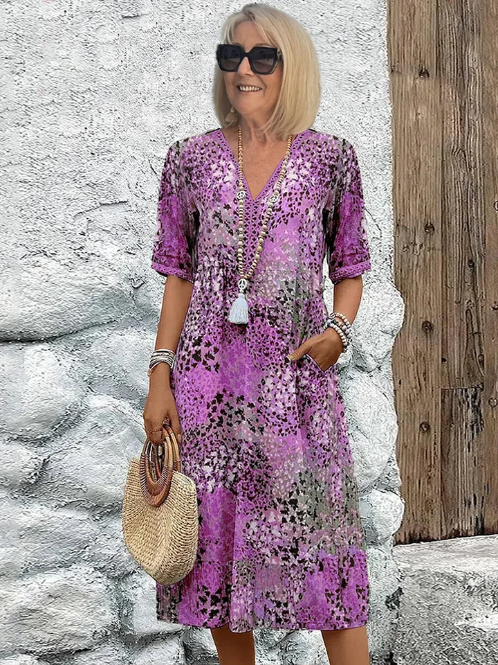 Purple patchwork print midi dress with crochet trim and relaxed fit