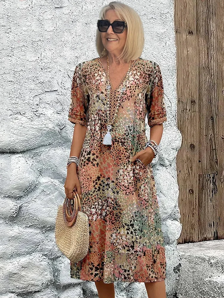 Neutral tone patchwork print midi dress with V-neck and half sleeves