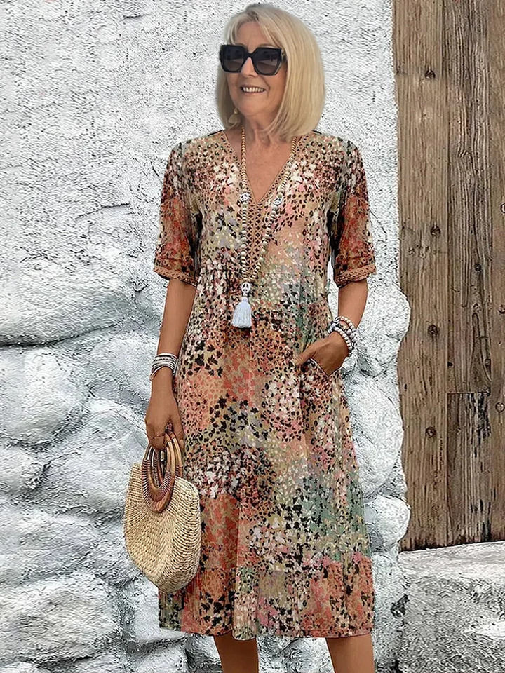 Neutral tone patchwork print midi dress with V-neck and half sleeves