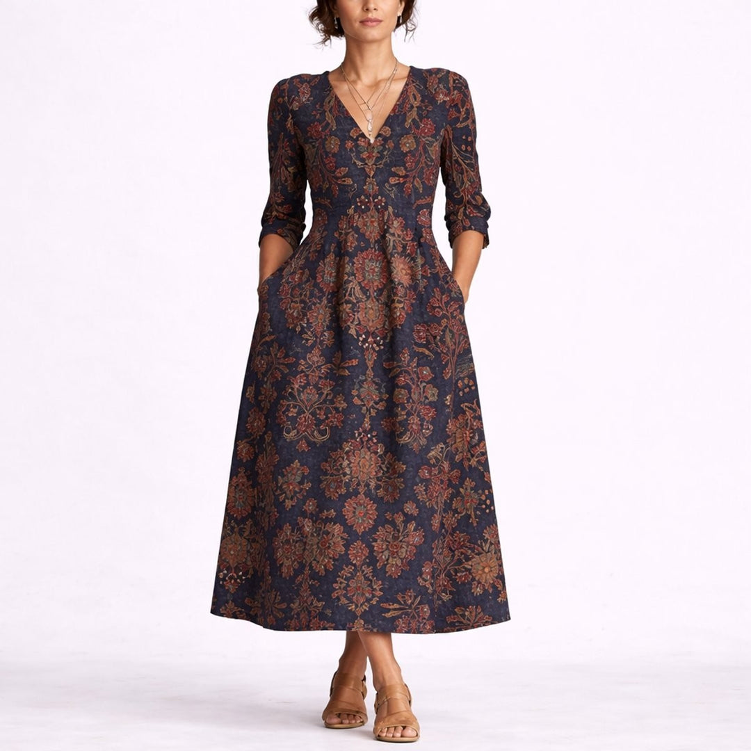 Navy floral print linen maxi dress with V-neck and three-quarter sleeves