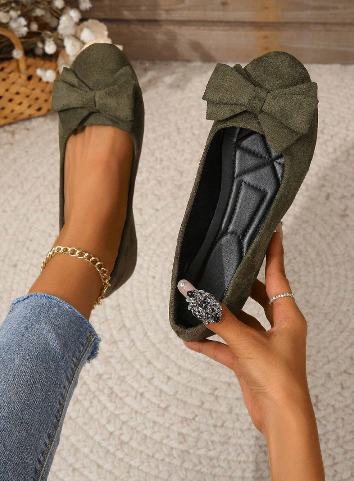 Olive green suede-effect ballet pumps with bow trim and quilted insole