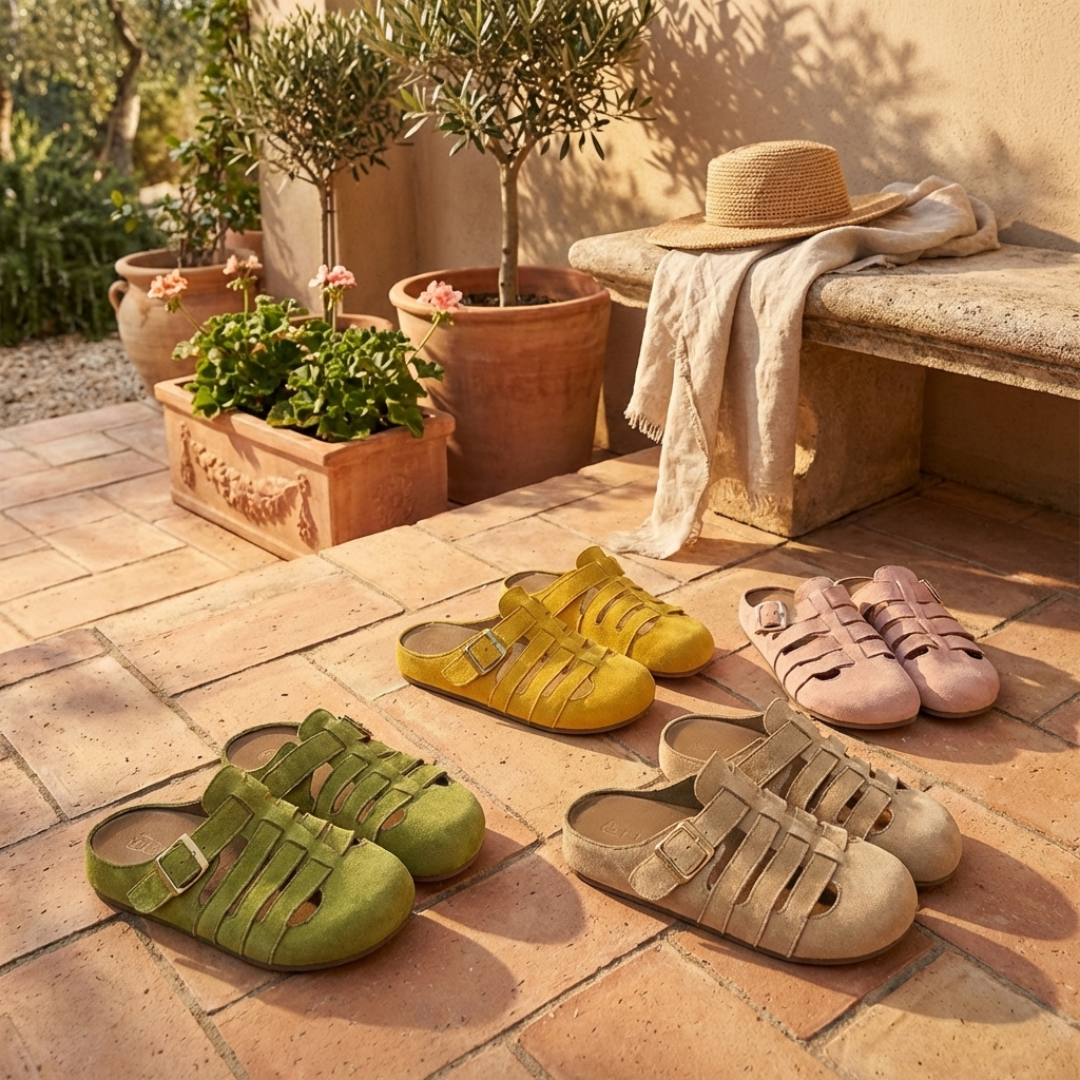 Suede fisherman mule sandals lined up in mustard, pink, beige and green shades