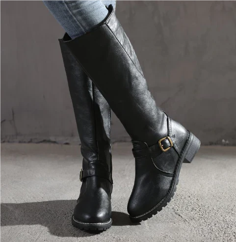 Black leather knee-high boots with buckle strap and low block heel