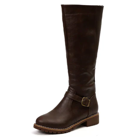 Dark brown knee-high boot displayed side-on with buckle strap detail