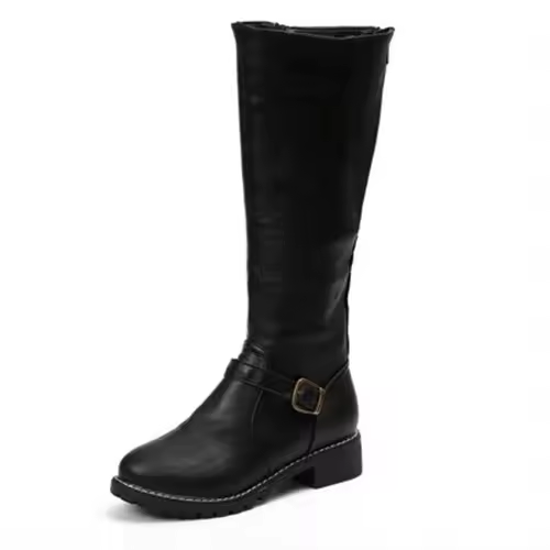 Black knee-high boot shown side-on with buckle strap and low heel
