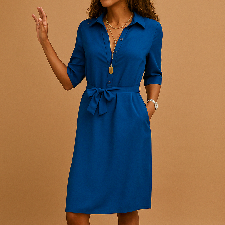 Blue collared midi dress featuring button placket and waist tie