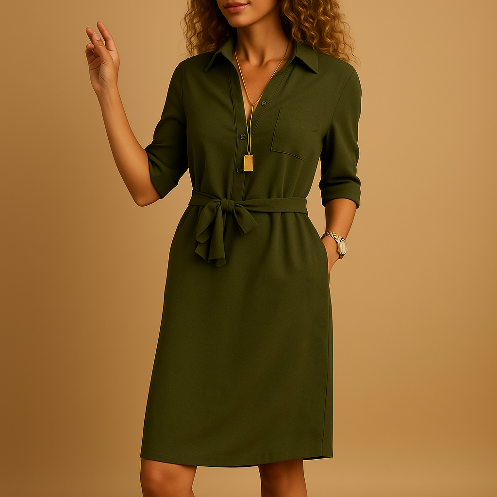 Olive green midi dress with chest pocket and tied waist belt