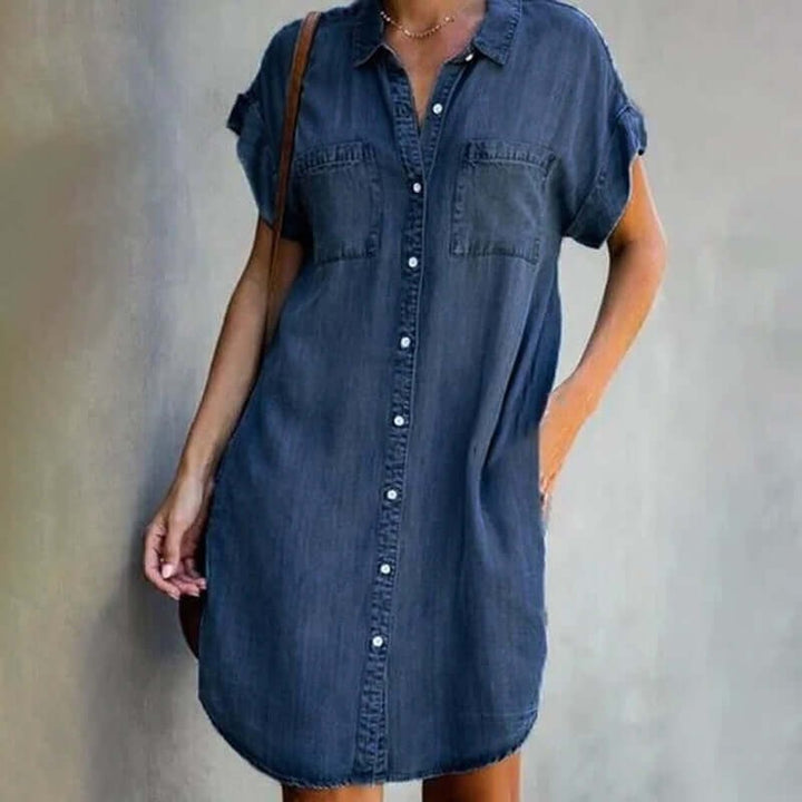 Dark denim short-sleeve shirt dress with collar and front button placket
