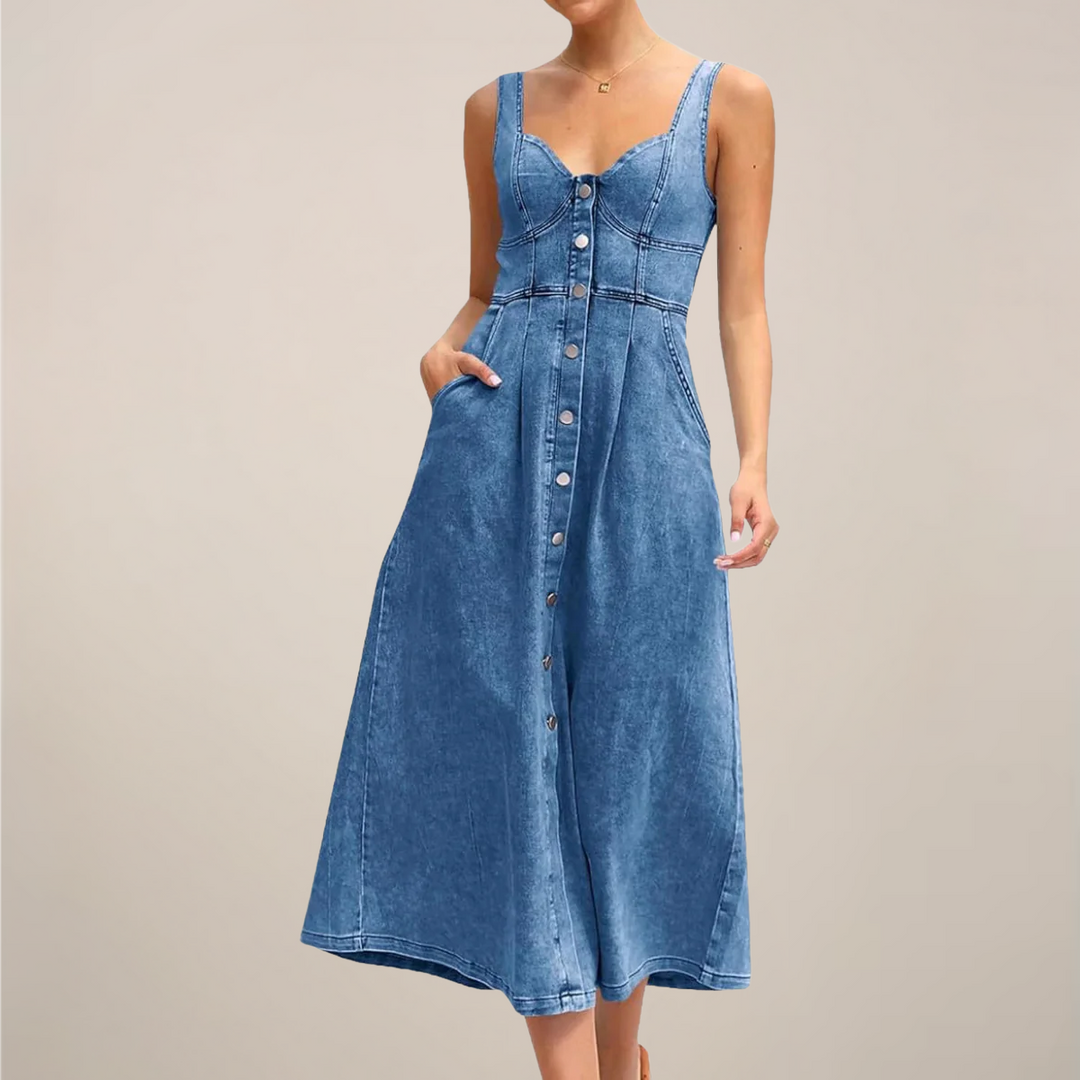 Sweetheart-neckline denim midi dress with button-front detailing and side pockets