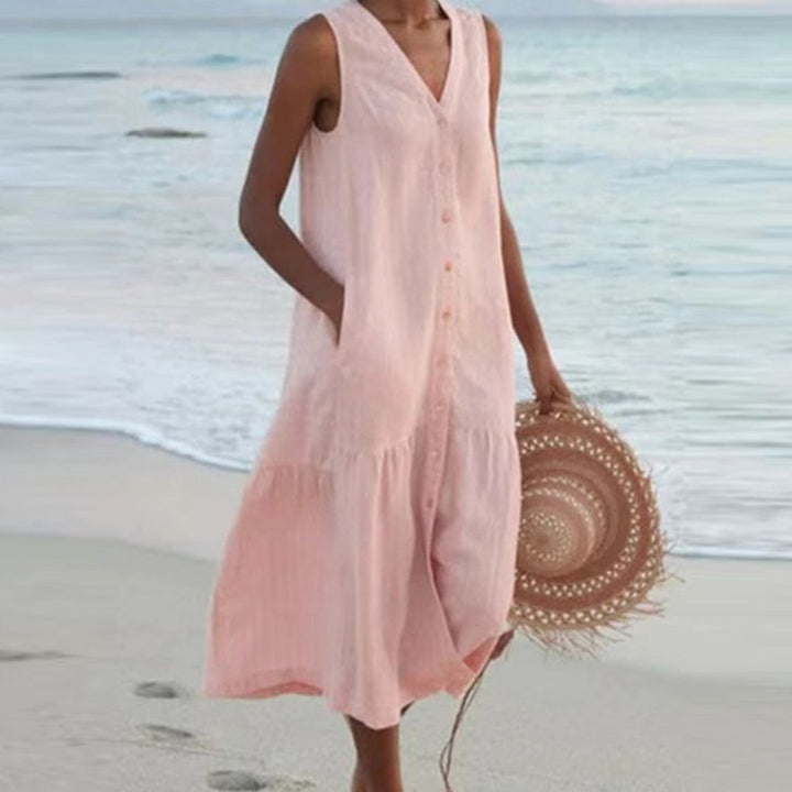 Blush pink linen sleeveless midi dress with button-front and dropped waist seam