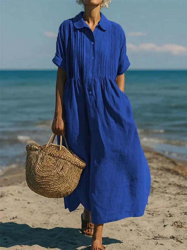 Cobalt blue midi shirt dress with pintuck front, styled for summer