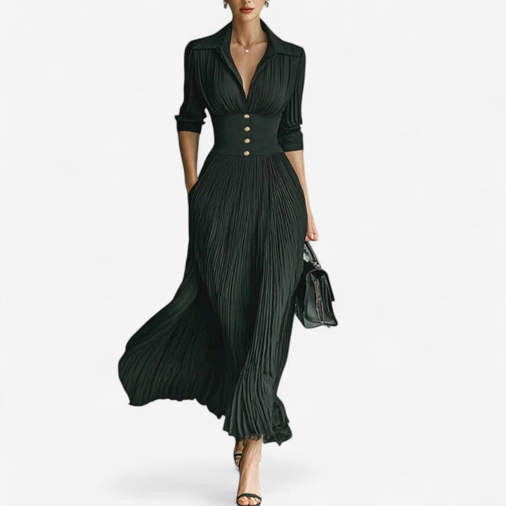 Black pleated maxi dress with gold buttons and collared V-neckline