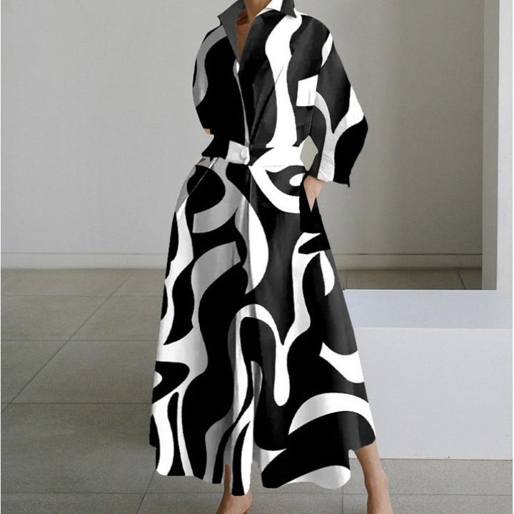 Black and white abstract print maxi dress with collared V-neck