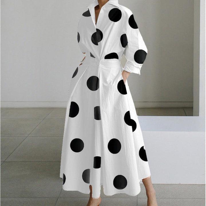White maxi dress with bold black polka dot print and collar