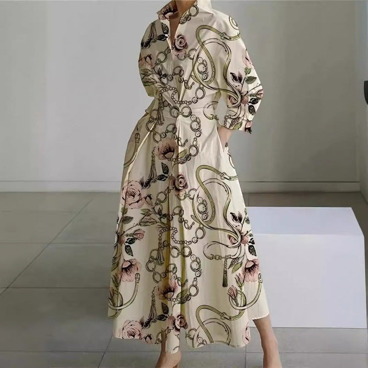 Cream maxi dress with chain and floral print, collared wrap-style bodice