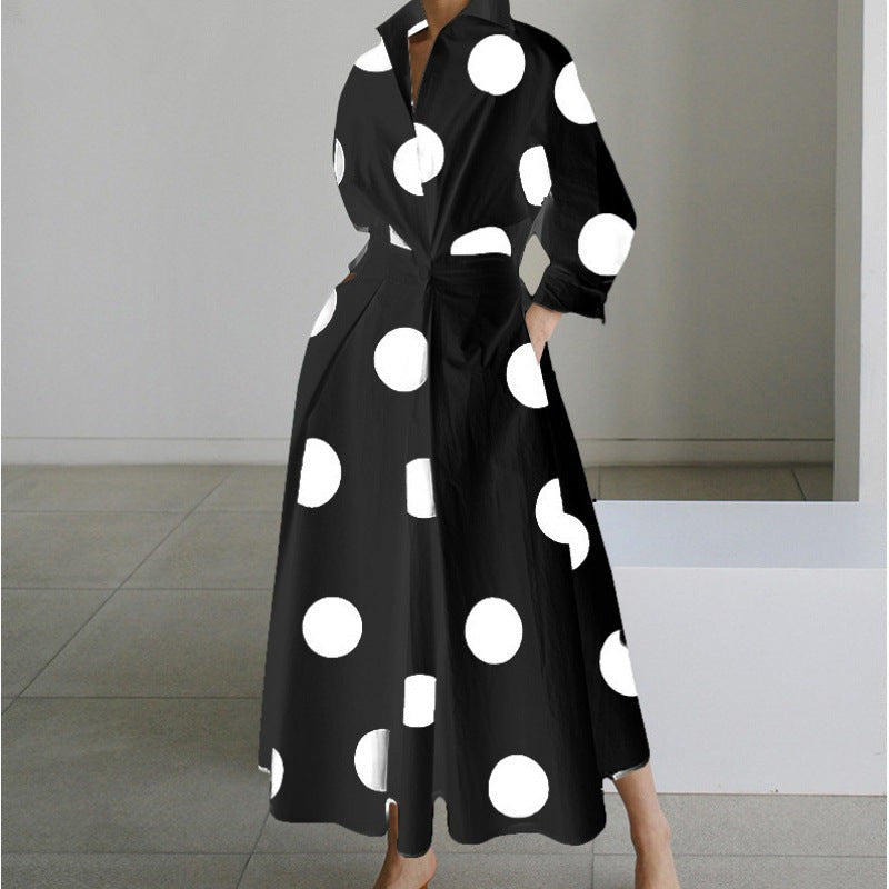 Black collared maxi dress with bold white polka dot print