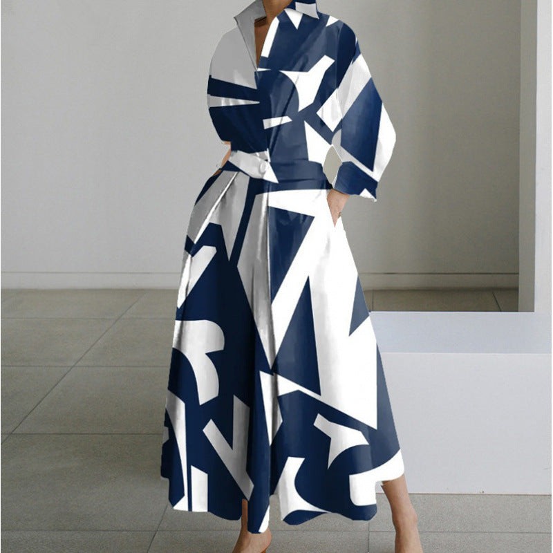 Navy and white geometric print maxi dress with collared neckline