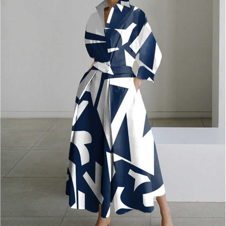 Navy and white geometric print maxi dress with collared neckline