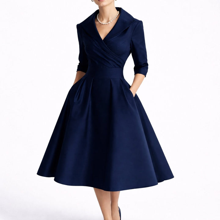 Navy satin wrap-front midi dress with structured collar and pockets