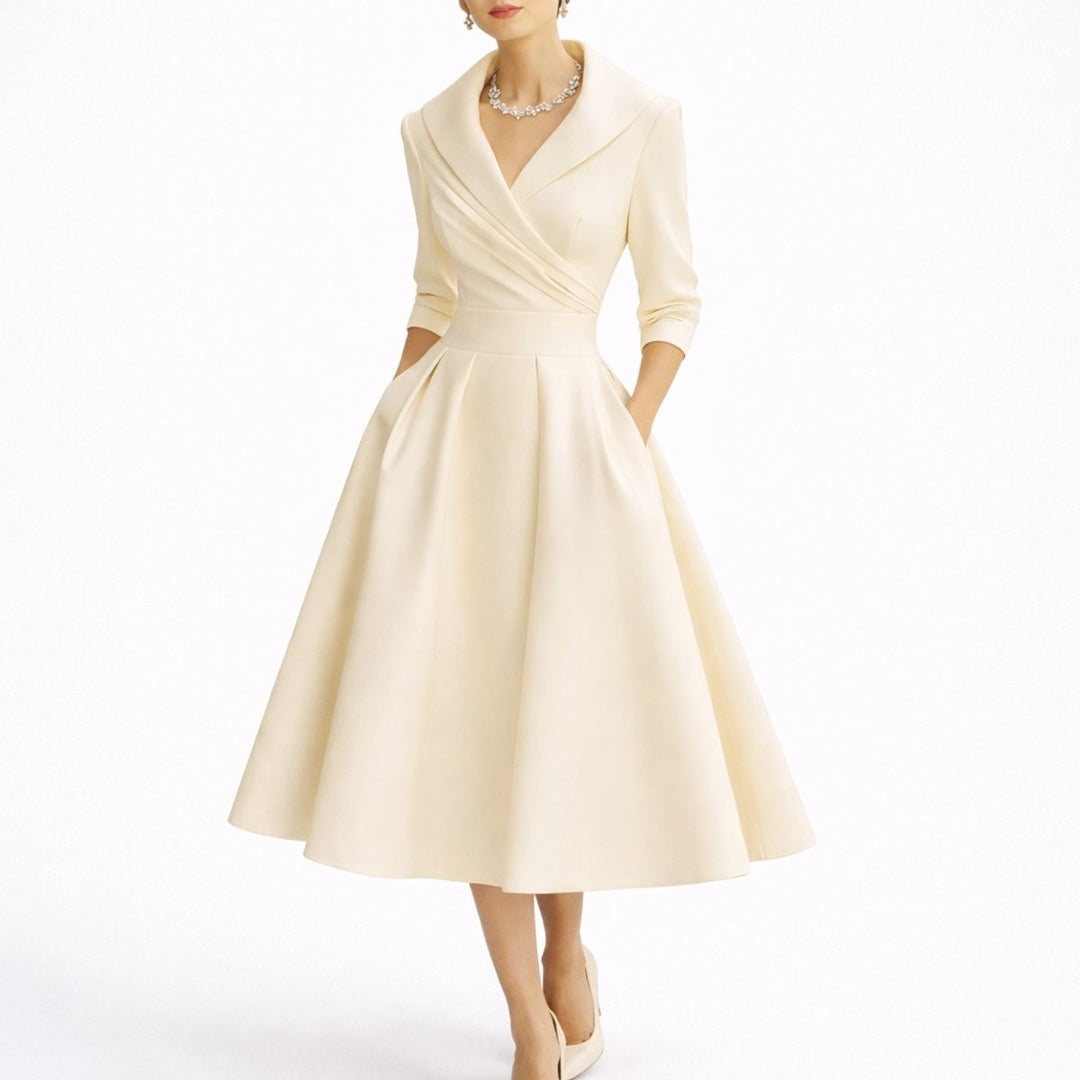 Ivory satin A-line midi dress featuring three-quarter sleeves and full skirt