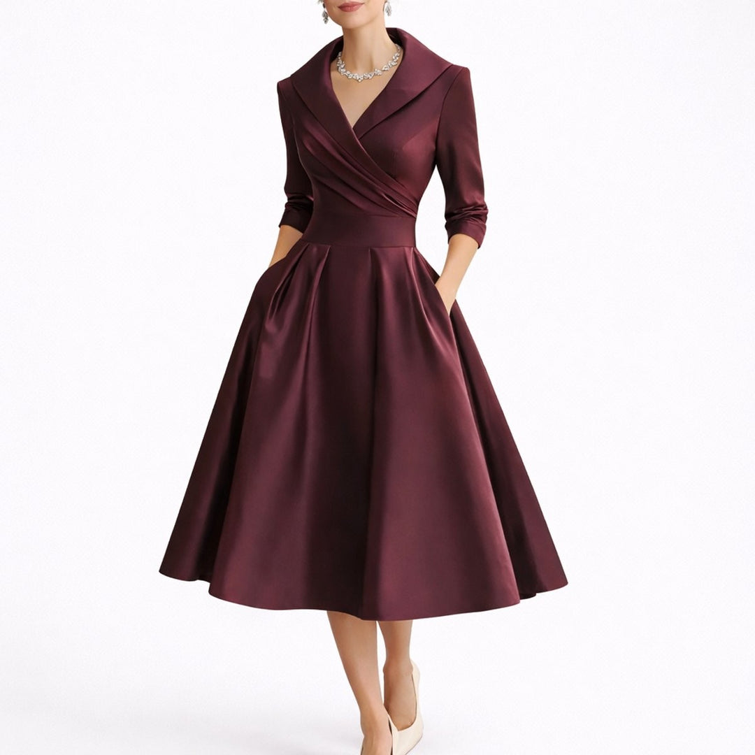 Burgundy satin wrap dress with collared neckline and flared midi skirt