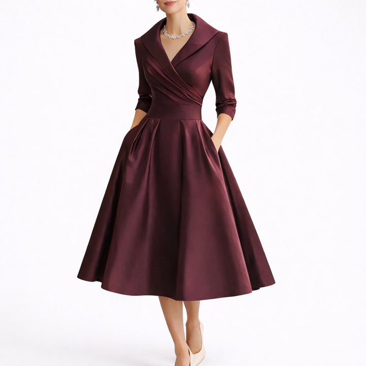 Burgundy satin wrap dress with collared neckline and flared midi skirt