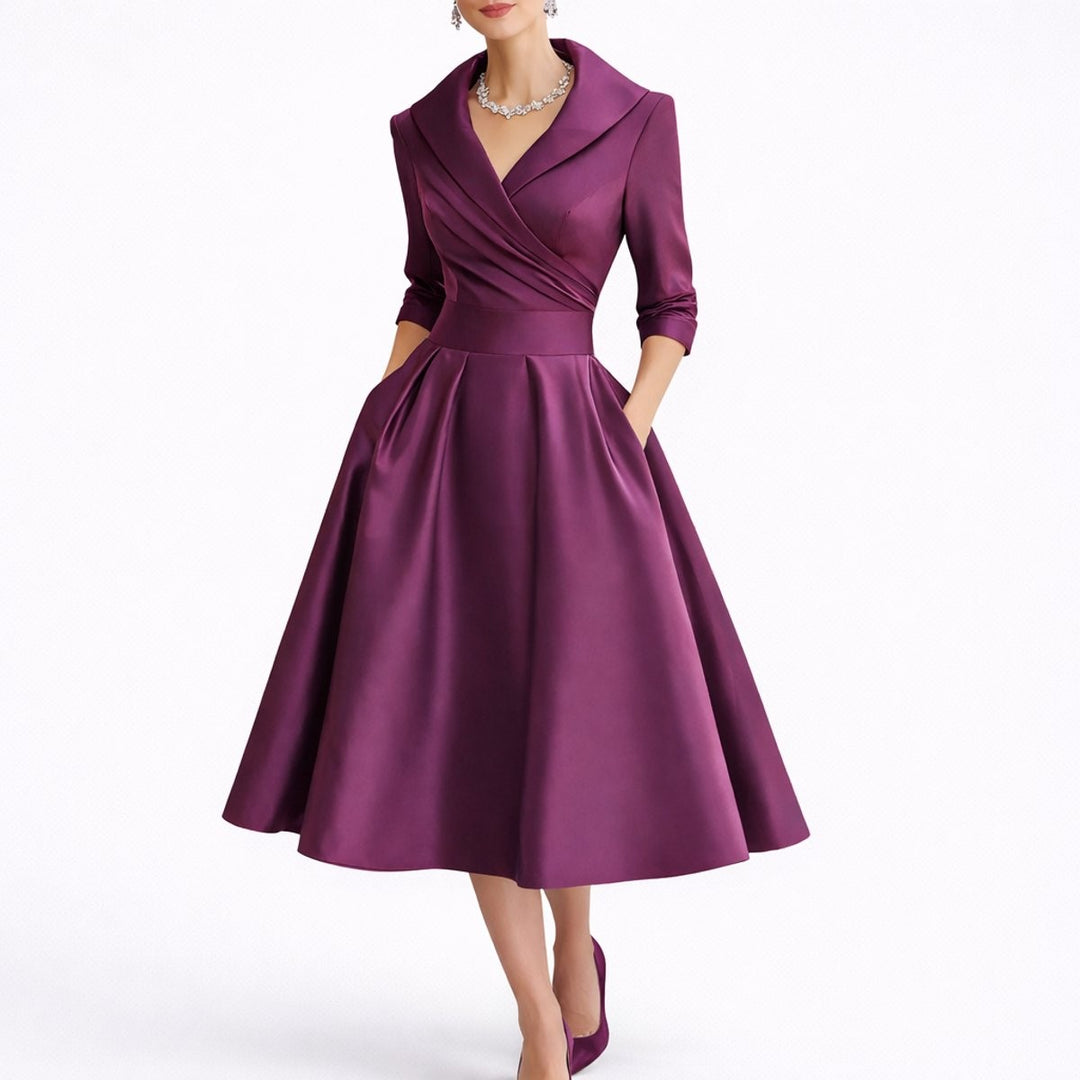 Plum satin midi dress with wrap bodice and pleated A-line skirt