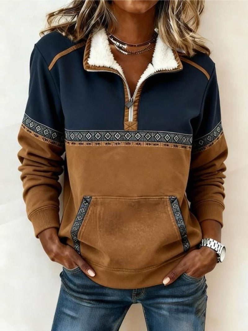 Navy and brown colour-block quarter-zip fleece jumper with Aztec trim detailing