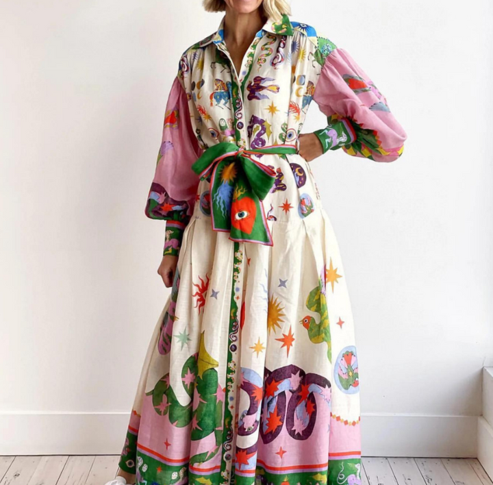 Celestial print maxi dress with pink puff sleeves and green sash belt