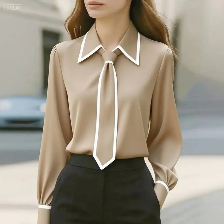 Beige long-sleeve blouse featuring white piping and matching tie-neck collar