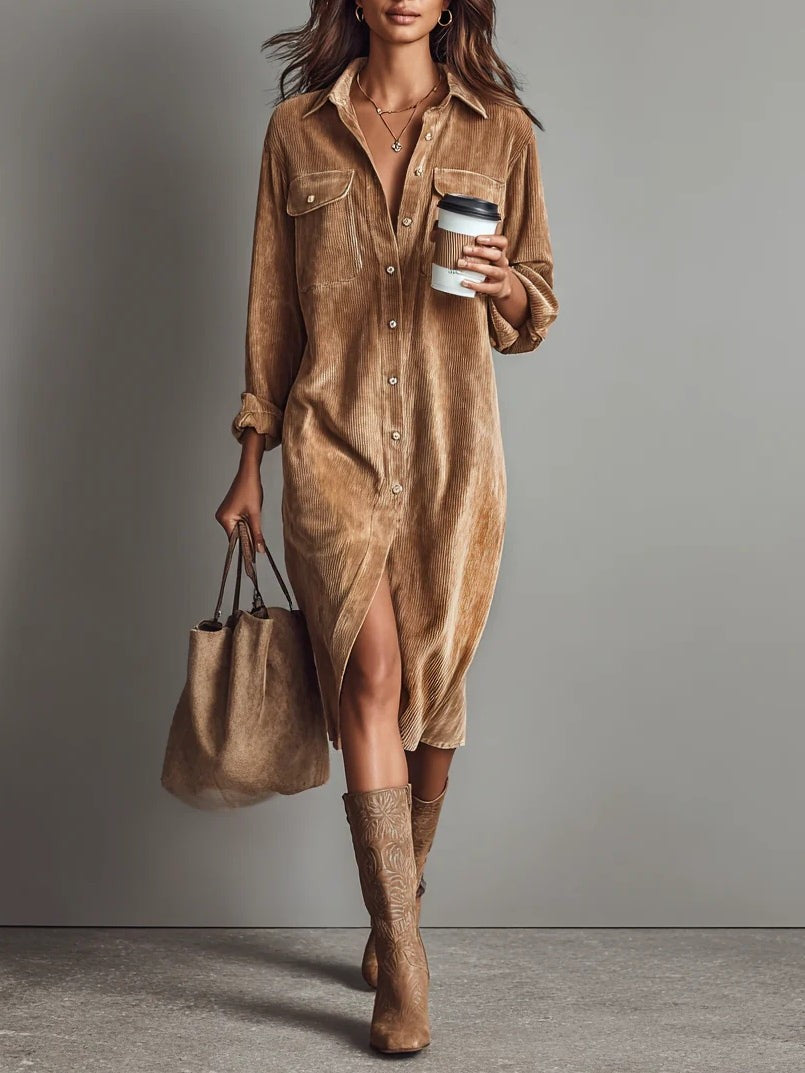 Camel corduroy midi shirt dress with front slit and chest pockets