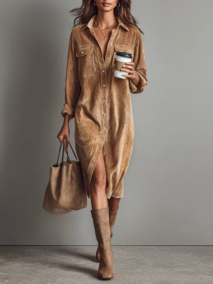 Camel corduroy midi shirt dress with front slit and chest pockets