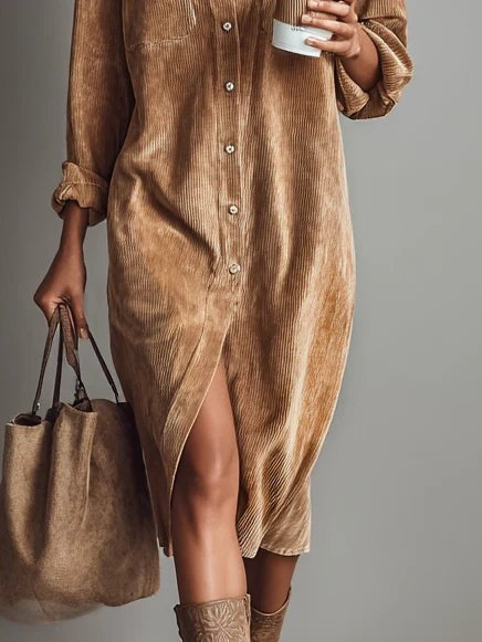 Camel corduroy dress detail highlighting front slit and chest pocket