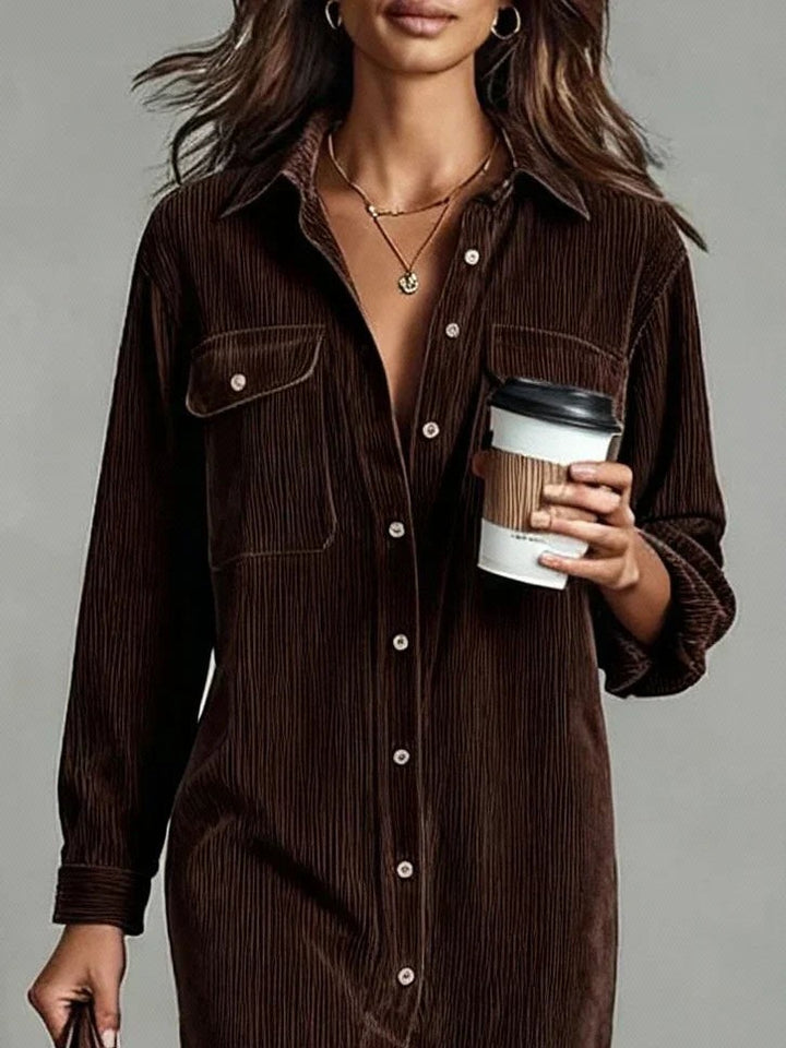 Brown corduroy shirt dress close-up showing collar and button placket